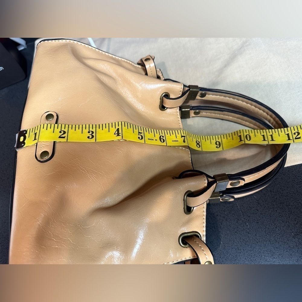 Simply Noelle Small Tan or Light Brown Faux Leather Double Handle Handbag - Picture 11 of 16